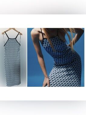 ZARA Blue Abstract Knit Midi Dress Lightweight Resort Coastal Chic | Size M / L